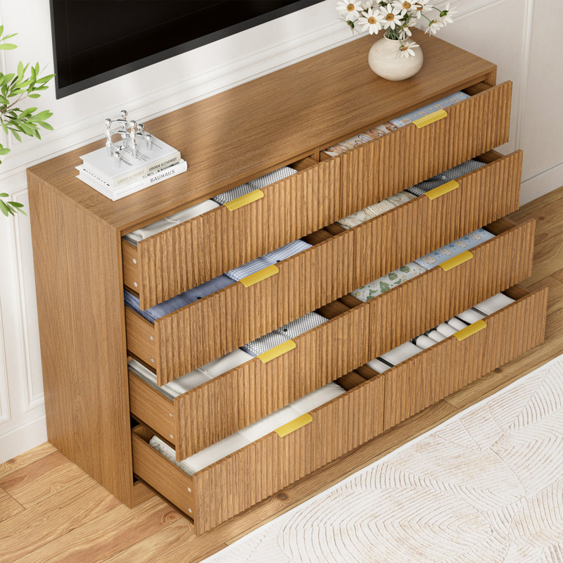 Fluted Dresser For Bedroom With 8 Drawers, 55" Wide Modern Chest Of Drawers With Metal Handle, Brown