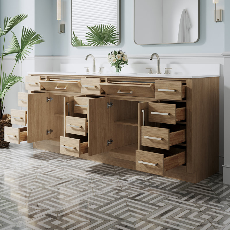 Meuble-lavabo autoportant en bois massif l 84 po x H 35 po avec comptoir en marbre de culture blanc et double lavabo en céramique, chêne