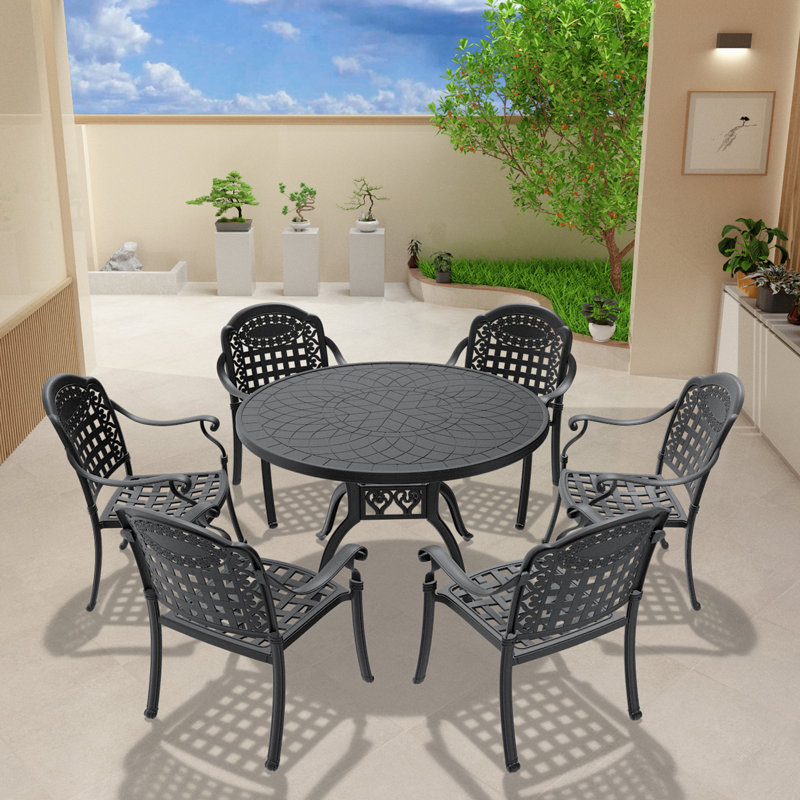 6-People 47.24-inch Round Table Cast Aluminum Outdoor Dining Set  and Blue  Cushions