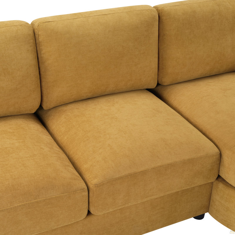 Canapé modulaire en L de 84,6 po avec méridienne incurvée, ports USB et poches de rangement latérales, Chenille jaune