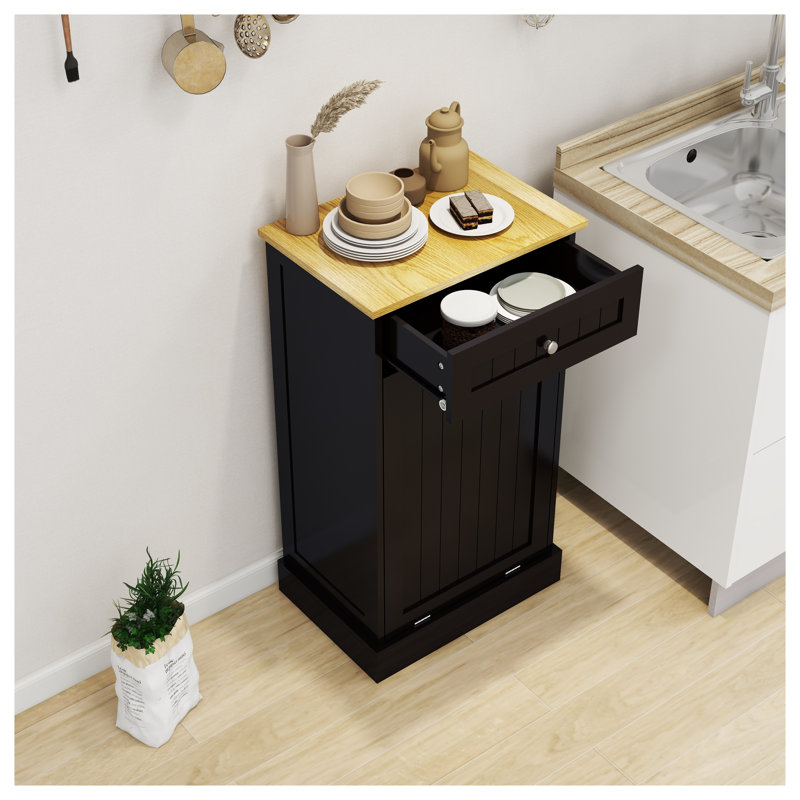 Armoire à poubelle inclinable avec tiroir - Organisateur de rangement de cuisine noir, poubelle en MDF avec compartiment de recyclage