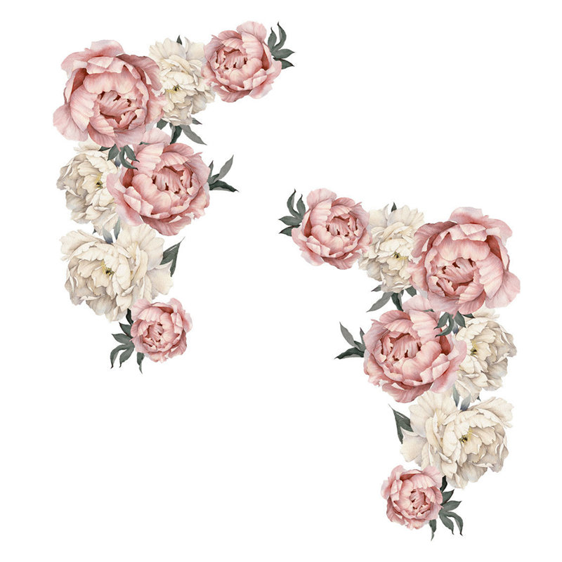 2Pcs pivoine rose fleurs autocollant mural, autocollants muraux amovibles pelez et collez pour canapé fond salon chambre cuisine chambre de bébé décorations