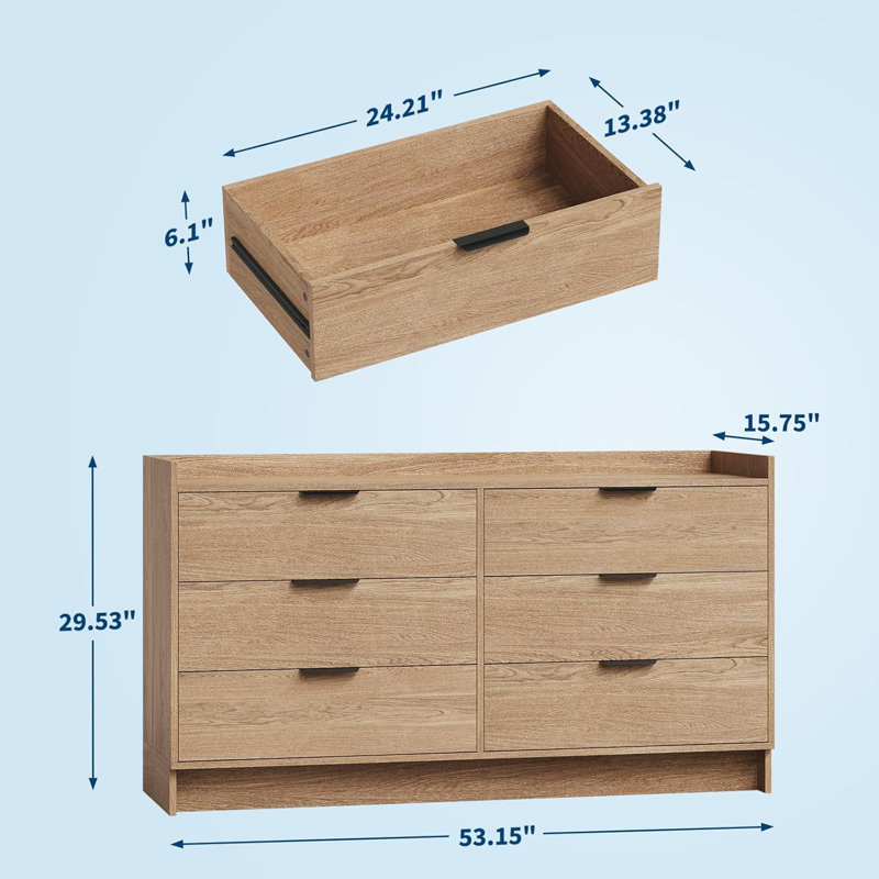 Commode moderne avec 6 tiroirs de 52,5 po de largeur avec poignée en métal, armoire de rangement double en bois avec tiroirs profonds et meuble télé.