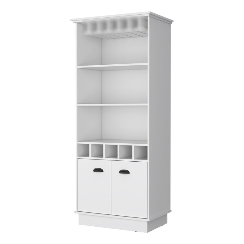 Bar blanc avec grand espace intérieur - 3 tablettes, 5 bouteilles, support à verres inclus, Blanc
