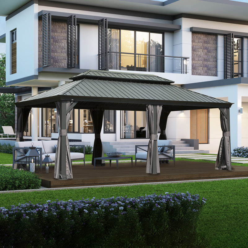 Aluminum Galvanized Steel Patio Gazebo with Double Roof Gray, 18 ft x 12 ft