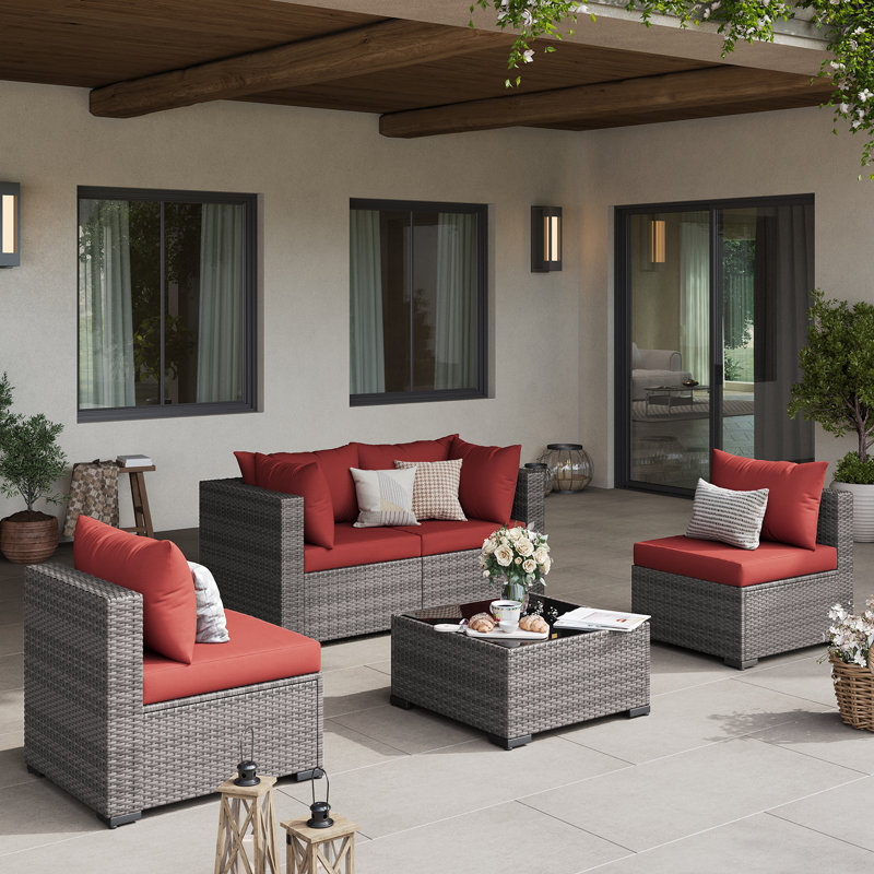 5 Piece Rattan Sectional Seating Group with Cushions, Wine Red