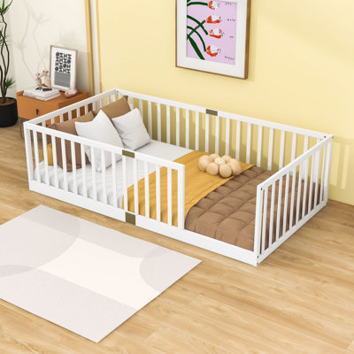 Wooden Twin Floor Bed with Protective Fence Rails