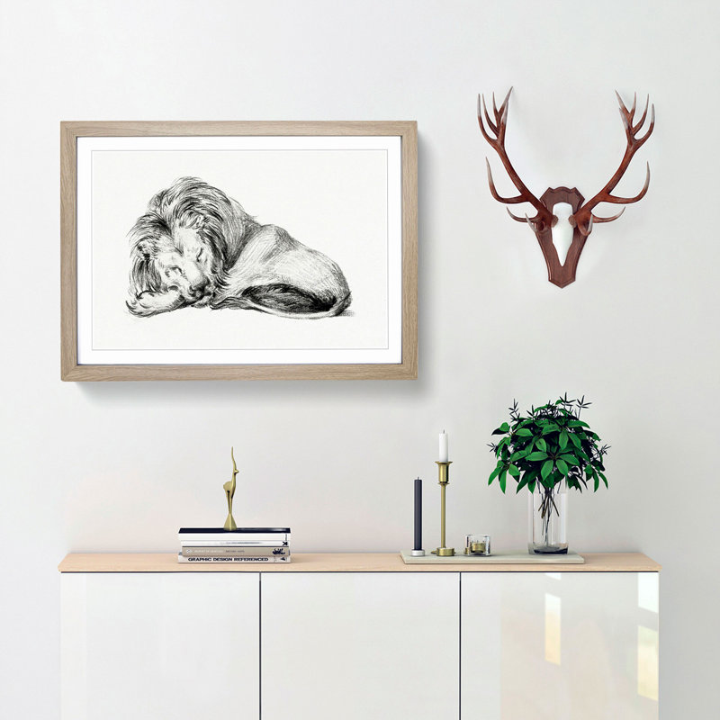 Sleeping Lion by Jean Bernard - Picture Frame Drawing Print, Oak Framed, 27cm H x 36cm W x 2cm D