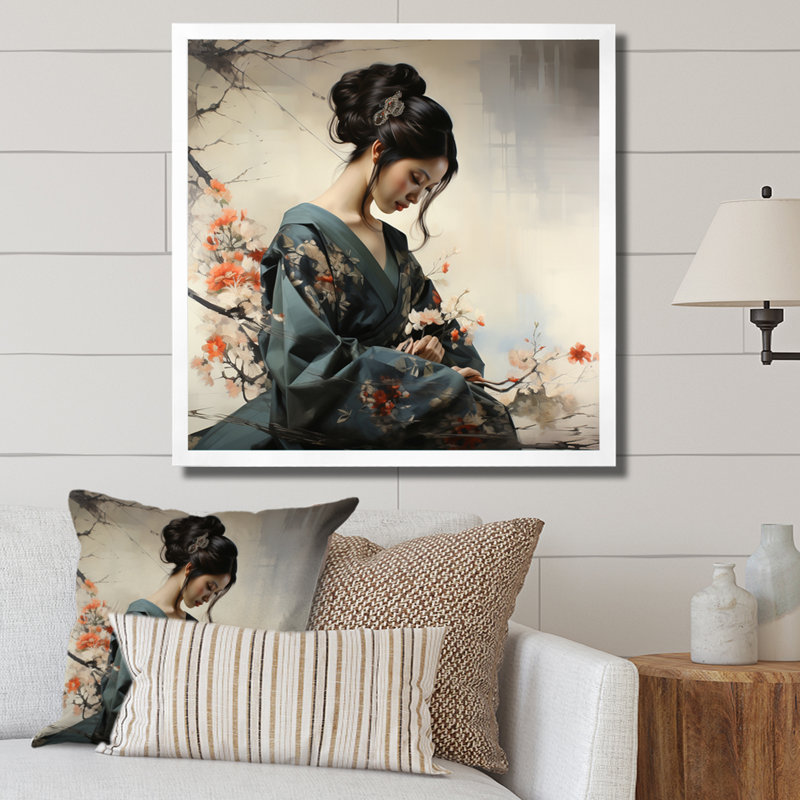 «Asian Art Geishas Grace», reproduction d'art sur toile asiatique, H 16 po x l 16 po x P 1 po, Cadre simple blanc