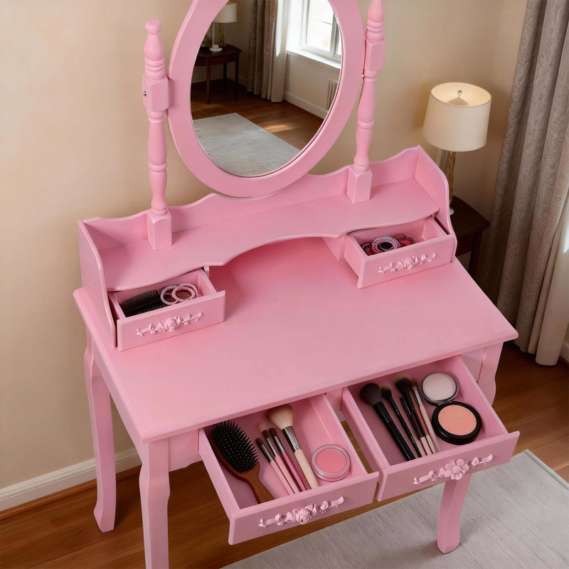 Makeup Vanity Table Set With 360Â° Mirror & Cushioned Stool - 4-Drawer Bedroom Dressing Desk, Pink