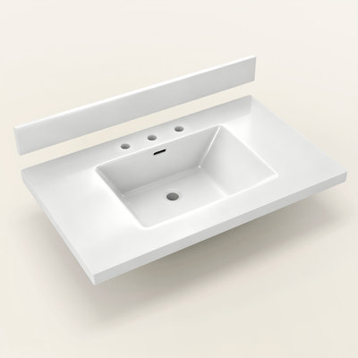 Comptoir de meuble-lavabo à surface solide l 36 po x P 21 po avec évier simple intégré 3,5 po et dosseret 8 po avec robinet à 3 trous