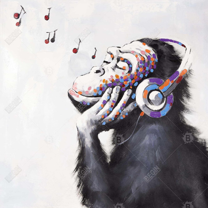 Singe écoutant de la musique - toile bleue, H 24 po x l 24 po