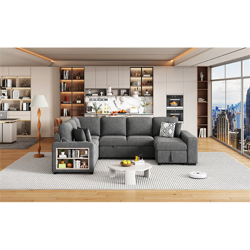 109" U-Shaped Sectional Sofa Pull-Out Sofa Bed With Two USB Ports, Gray Chenille