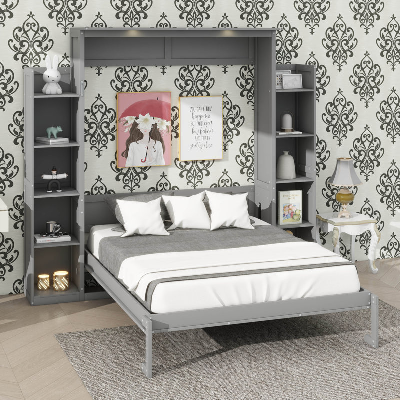 Lit escamotable double pleine grandeur avec tablettes et système d'éclairage à DEL, Gris