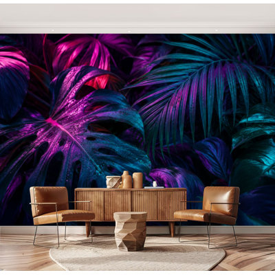 Papier peint adhésif peler et coller feuilles de palmier tropicales néon vif rose jungle foncée Papier autocollant amovible pour décoration de salon Chambre à coucher H 69 po x l 96 po