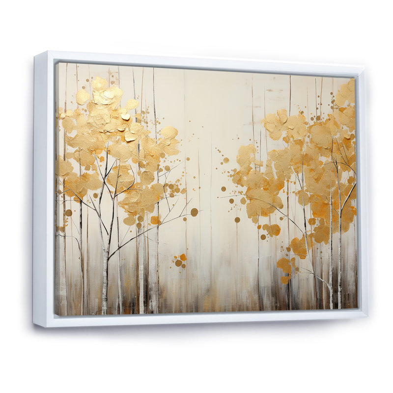 «Minimalisme blanc et or forêt I», art sur toile, 12" H x 20" W, Cadre flottant blanc