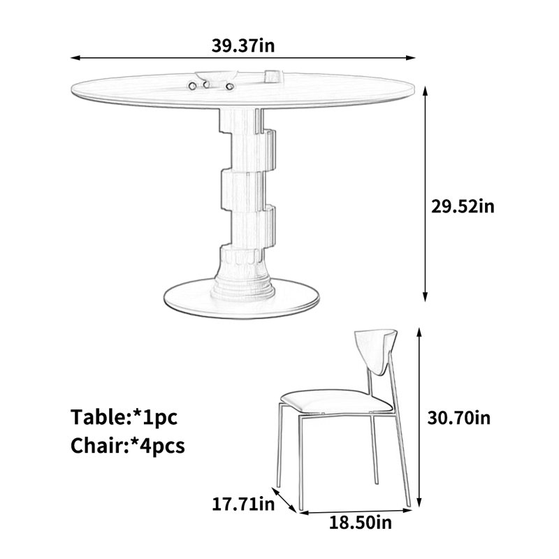 Table ronde unique et élégante, 5 pièces: table, 4 chaises, H 29,52 po x l 39,37 po x P 39,37 po