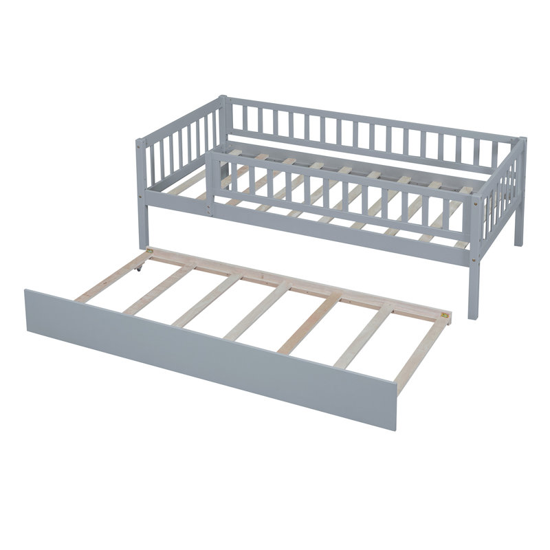 Wood Daybed With Trundle And Fence Guardrails, Twin, Gray