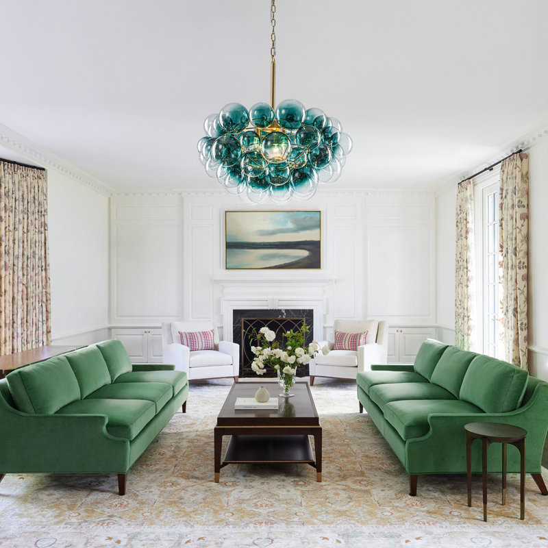 3-Light Gradual Teal Glass Bubble Globe Chandelier