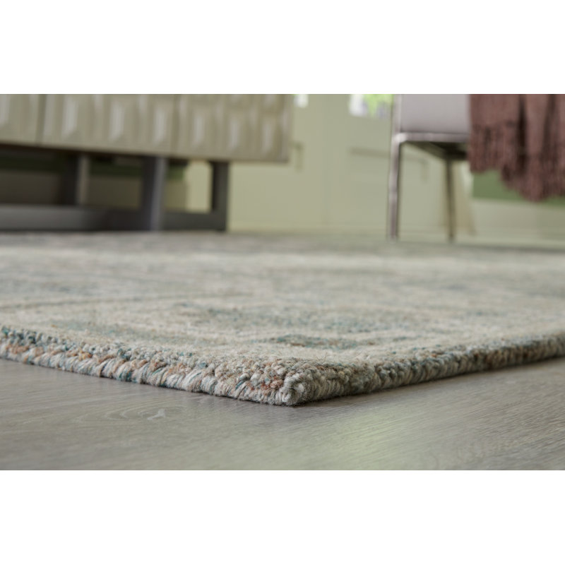 Handmade Green and Ivory Geometric Wool Rug, 5' x 7'