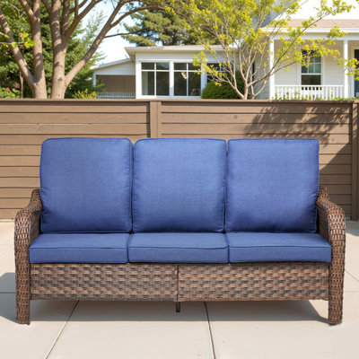 70.9" PE Wicker Rattan Outdoor Furniture Set, 3 Seat Sofa With Blue Deep Seat Cushions