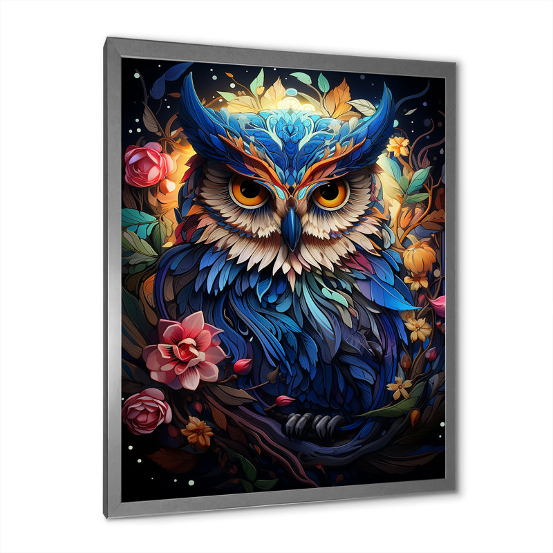 Représentation fantastique d'un hibou enchanté II sur toile, Encadrement argenté, H 32 po x l 24 po x P 1 po