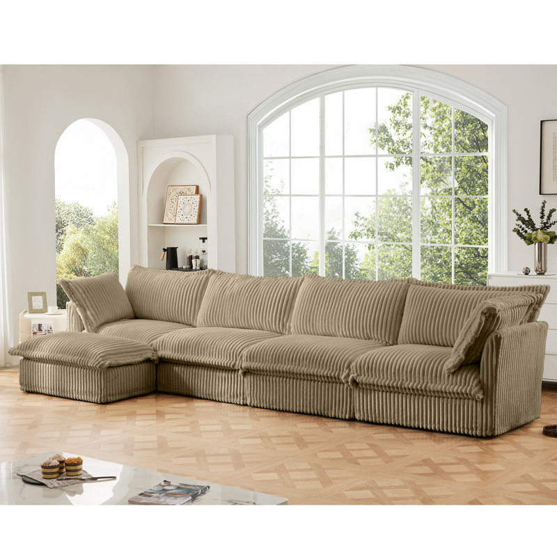 Nolan L-Shaped Corduroy Sectional Sofa with Plush Pillows, Velours côtelé chameau