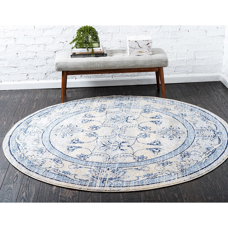 Tapis bleu / ivoire Amika, Tapis de couloir 2 pi 7 po x 10 pi