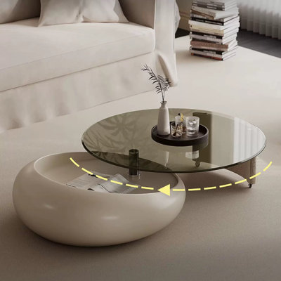 360° Rotating Round Coffee Table with Tempered Glass Top, Lockable Caster Wheels, Luxury Modern Living Room Table in Cream White