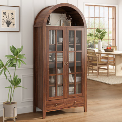 Kalaen 71" Arched Display Wood Cabinet with Tempered Glass and Adjustable Shelves