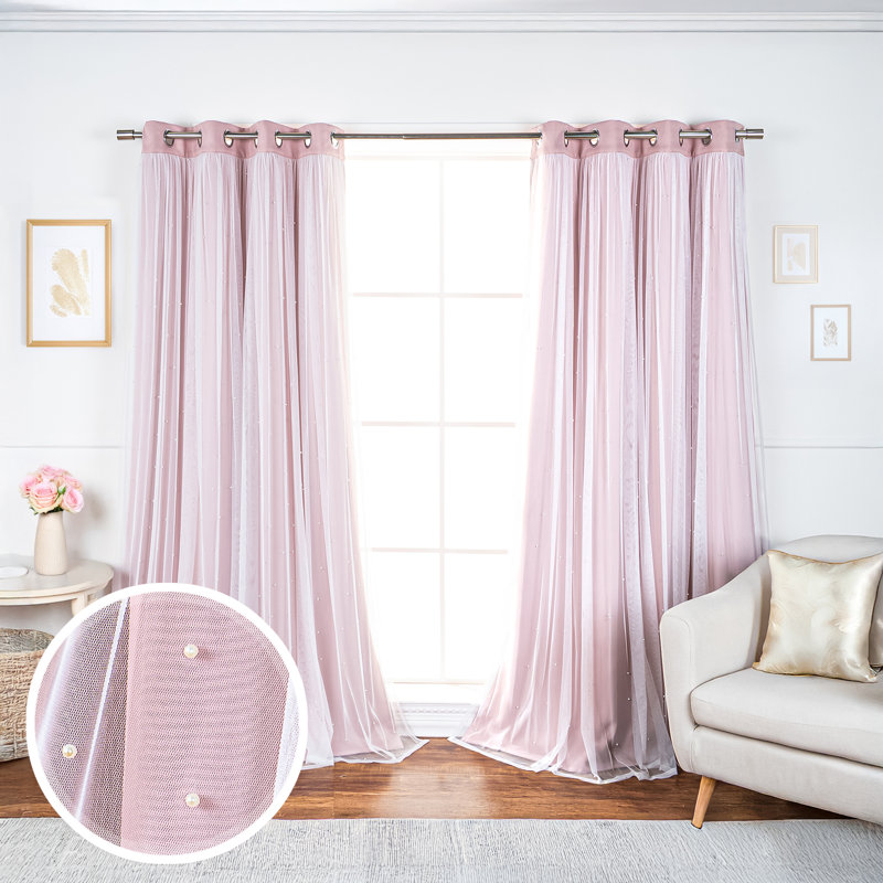 Pearl Beaded Tulle Overlay Room Darkening Grommet Curtains (Set Of 2), Dusty Pink, 52" W x 84" L