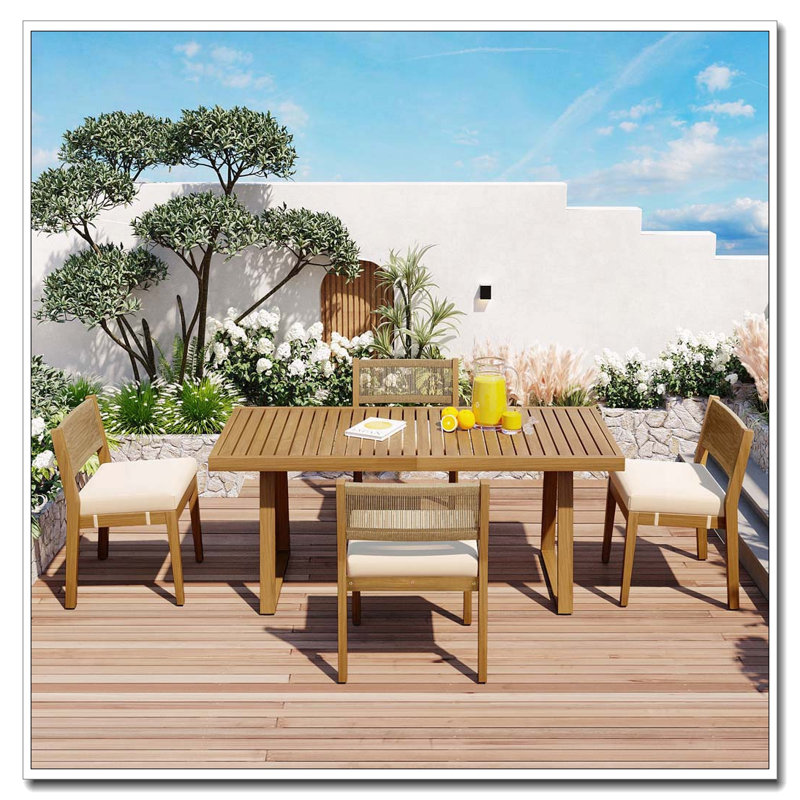 Ensemble repas 7 pièces d'extérieur en bois d'acacia avec coussins épais , Beige