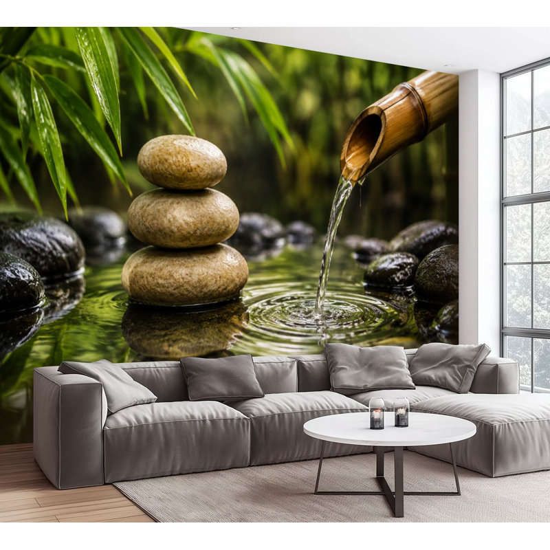 Murale Papier peint auto-adhésif Zen Spa Bamboo Water Stacked Stones Rippling Water Tranquil, 100" L x 144" W