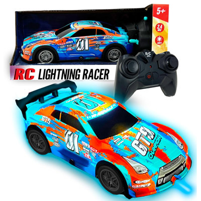 Hyper Drive: RC Lightning Racer - bleu-bleu sarcelle-orange - voiture télécommandée lumineuse, véhicule de jeu à grande vitesse, lumières DEL, 2,4 Ghz, échelle 1: 40, enfants 5+