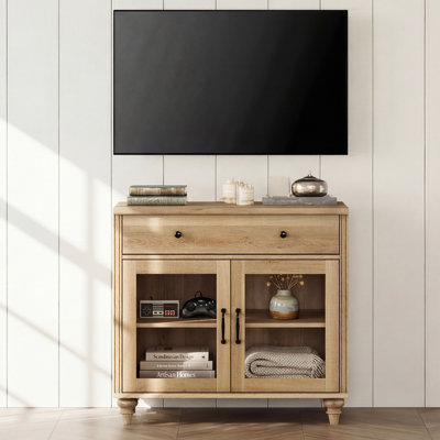 Corretta Farmhouse TV Stand For 43 Inch TV With Glass Doors And Drawer, Wood Universal TV Stand With Storage Cabinets, Entertainment Center TV Console Table For Living Room, Bedroom, Oak