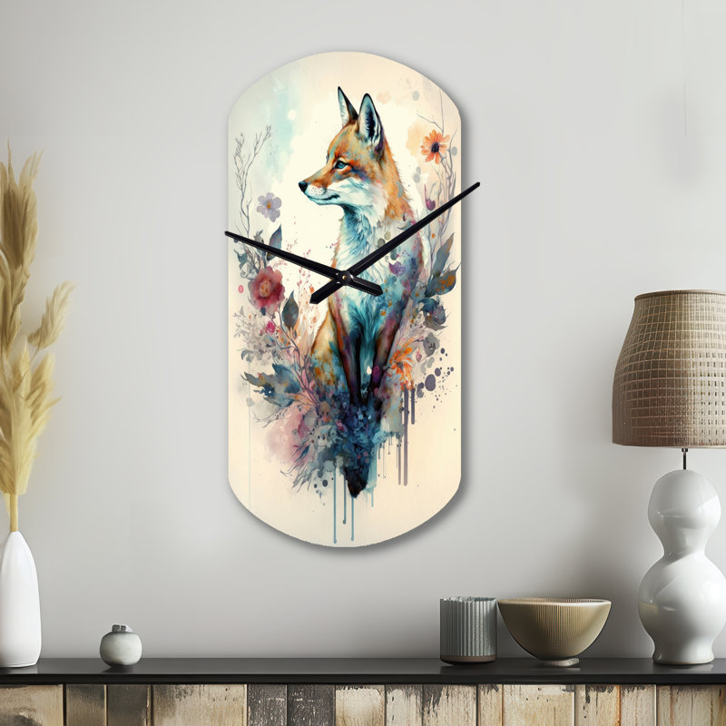 Donnesha, mignon renard, art floral III - renard, horloge murale cylindrique en métal, impression d'horloge murale asymétrique moderne