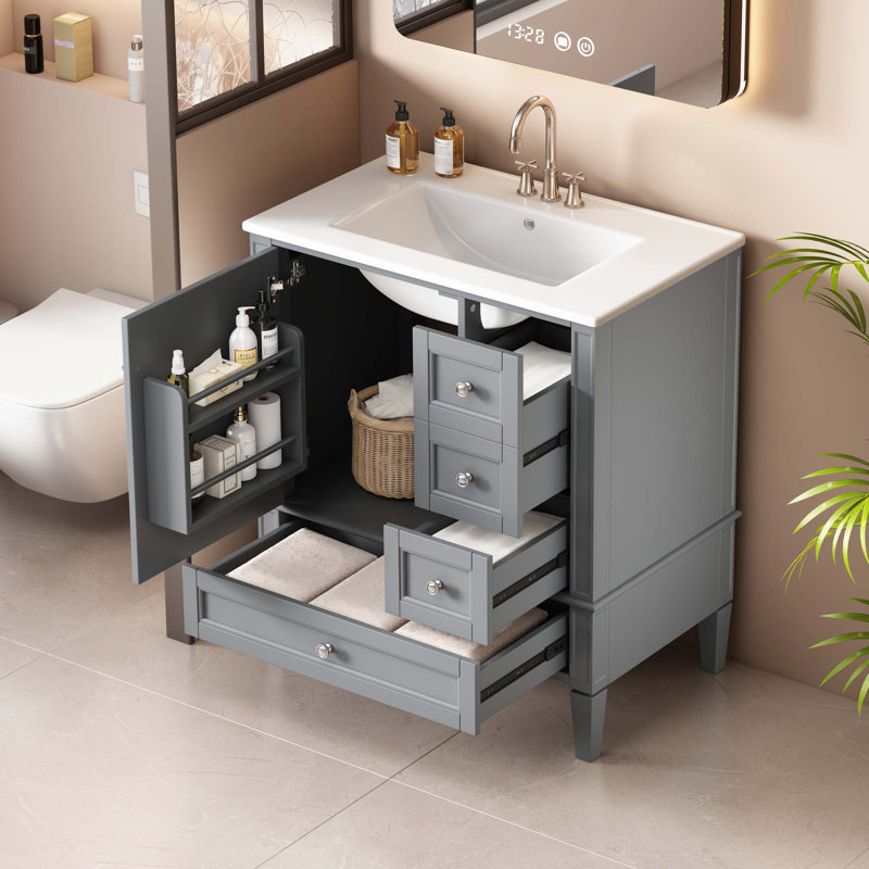 Meuble-lavabo de 30 pouces avec lavabo en céramique, Gris, Argent argent