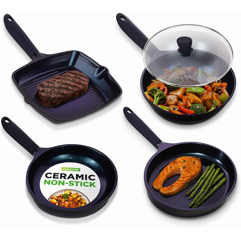 Ensemble de poêles à frire antiadhésives Nuthausf, batterie de cuisine en céramique Blue Diamond 5 pièces avec couvercle, poêle antiadhésive pour plaques de cuisson à gaz, électriques, en céramique et à induction, sans ptfe / pfoa, poignées en bakélite Soft-touch