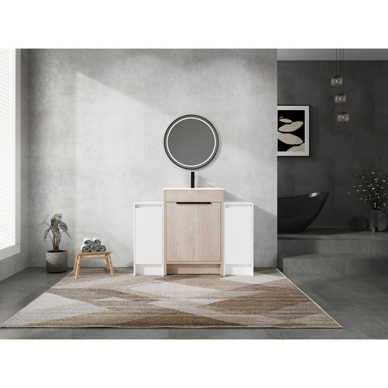 Meuble-lavabo 48 po avec lavabo en céramique, 2 armoires de rangement, porte, meuble-lavabo autoportant lustré blanc brillant de 48 po