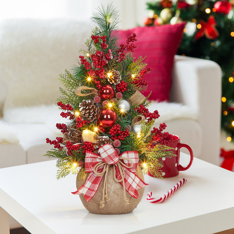 Mini arbre de Noël 24 po avec lumières DEL pré-éclairées pour cadeau de maison / bureau, Rouge