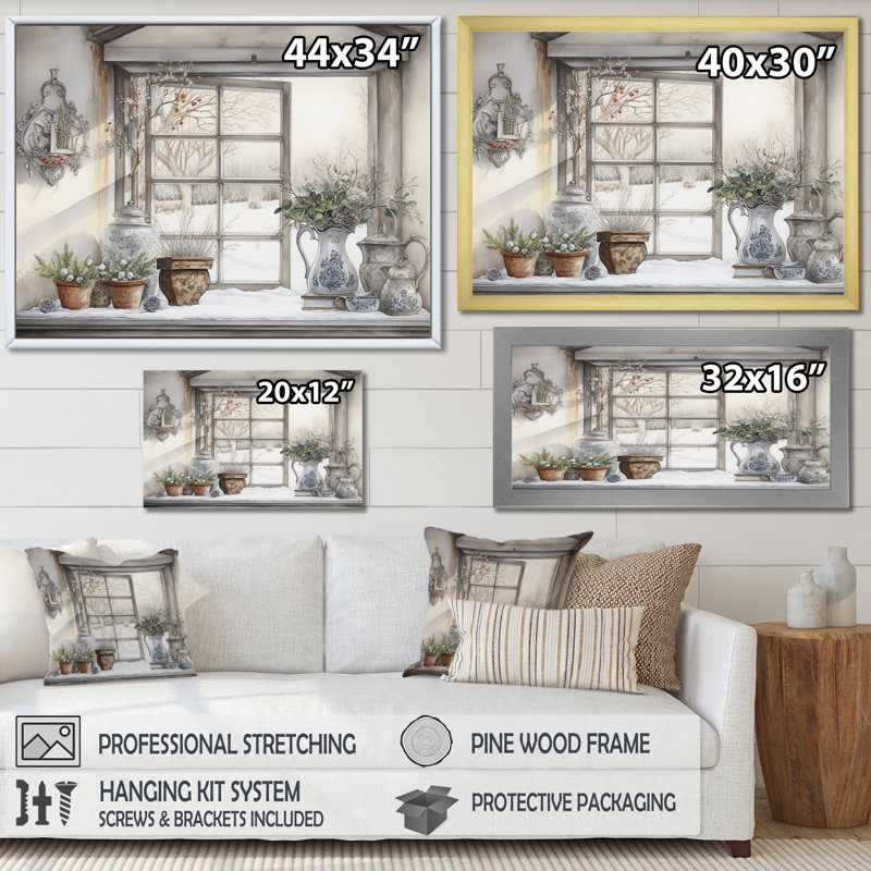 Fenêtres, charme scandinave d'hiver sur toile, Cadre doré simple, H 16 po x l 32 po x P 1 po