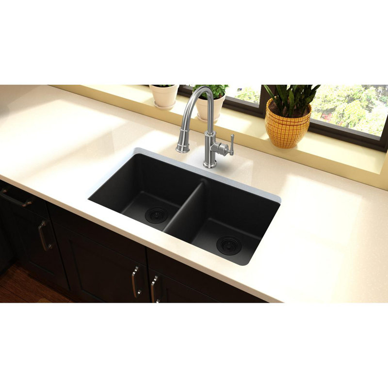 Quartz Classic 18.5" W x 33" L Double Basin Undermount Kitchen Sink, Black