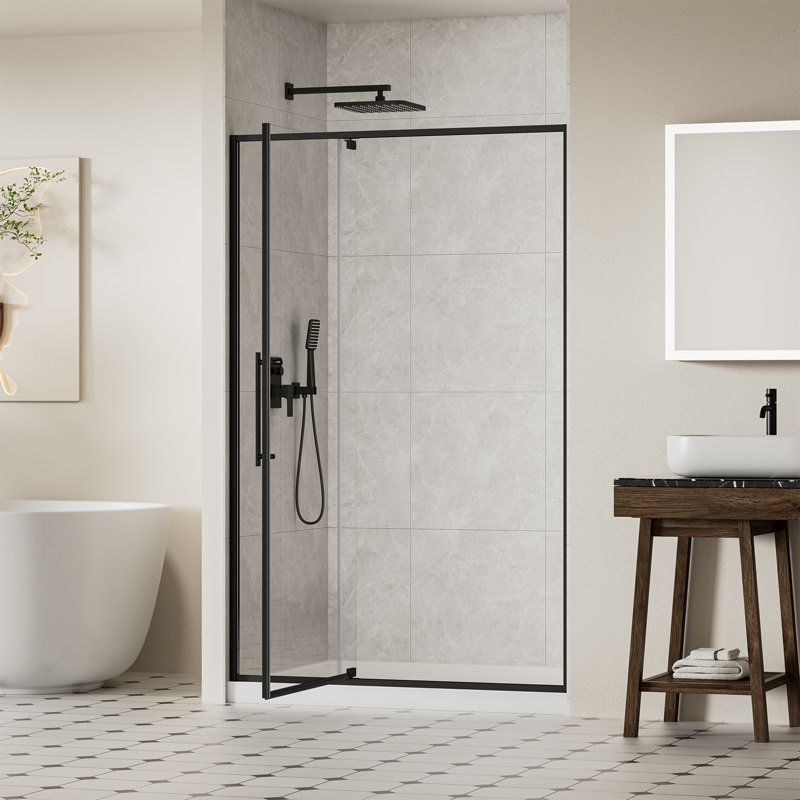 Porte de douche pivotante en verre de 44 à 48 po x H 74 po, porte de douche à cadre pivotant avec verre trempé de 5/16 po (8 mm), portes de douche à finition noir mat, panneau de verre coulissant réglable en largeur