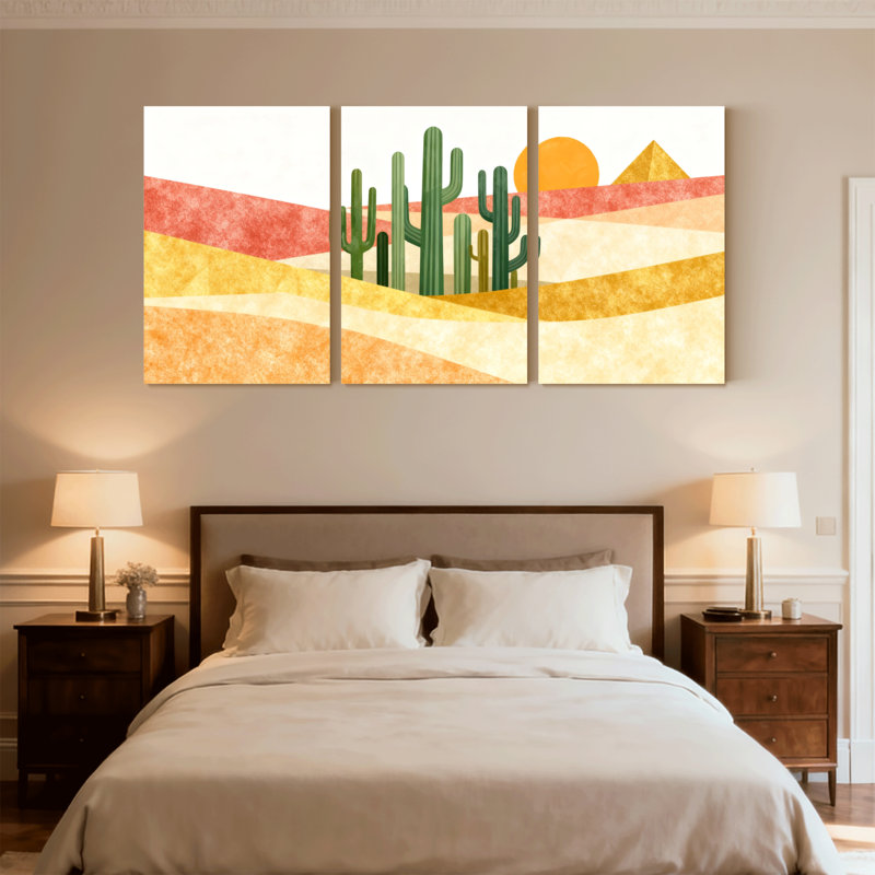 Cactus, paysage désertique avec cactus et coucher de soleil, ensemble de 3 impressions sur toile, H 30 po x l 60 po