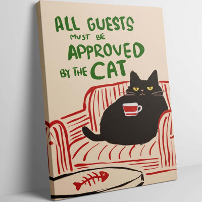 Funny Cat With Coffee Wall Art All Guests Must Be Approved By The Cat Quote Painting Picture Wall Decor Print Artwork Decoration