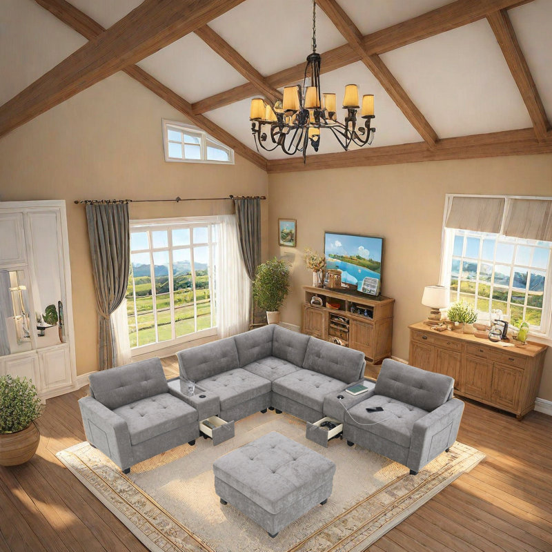 Modular Chenille Sofa With Dual Consoles, Extra-Large Storage, Wireless Charging, Removable Ottoman, Acrylic Table Tops & Side Storage Pockets For Living Room
