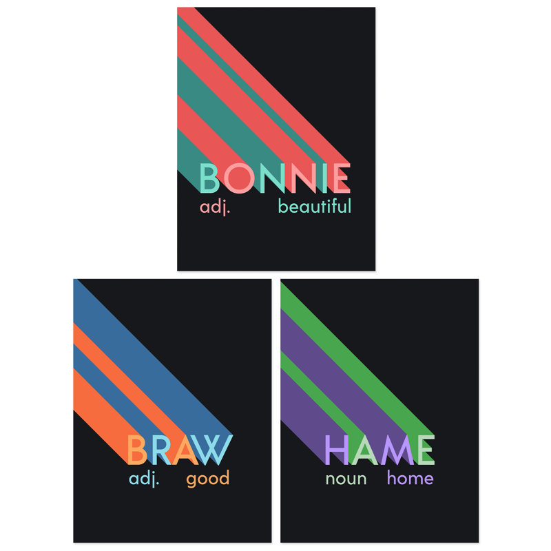 Retro Style Beautiful Good Home Bonnie Braw Hame Scottish Word Colourful - 3 Piece No Frame Print Set