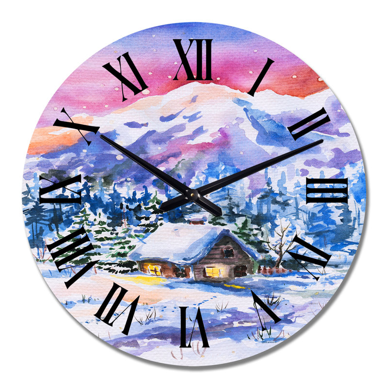 Petite maison enneigée dans un paysage d'hiver - horloge murale champêtre, Grand