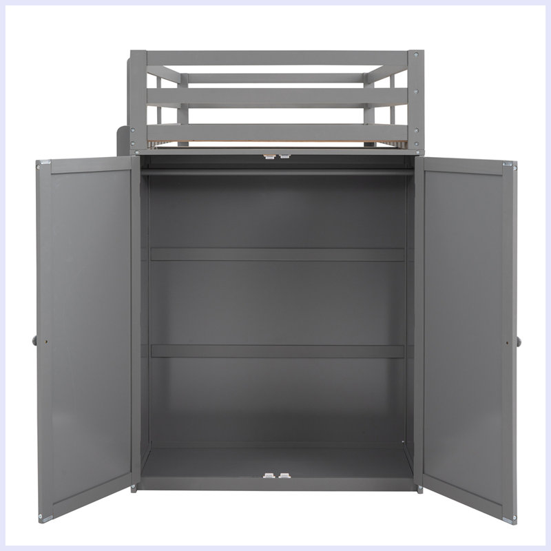Lit mezzanine moderne avec tiroirs, bureau et garde-robe, Gris, Simple