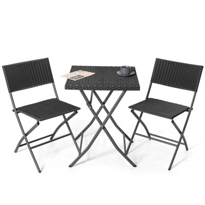 Outdoor 3 Pieces Folding Bistro Set, Waterproof PP Rattan Table and Chairs